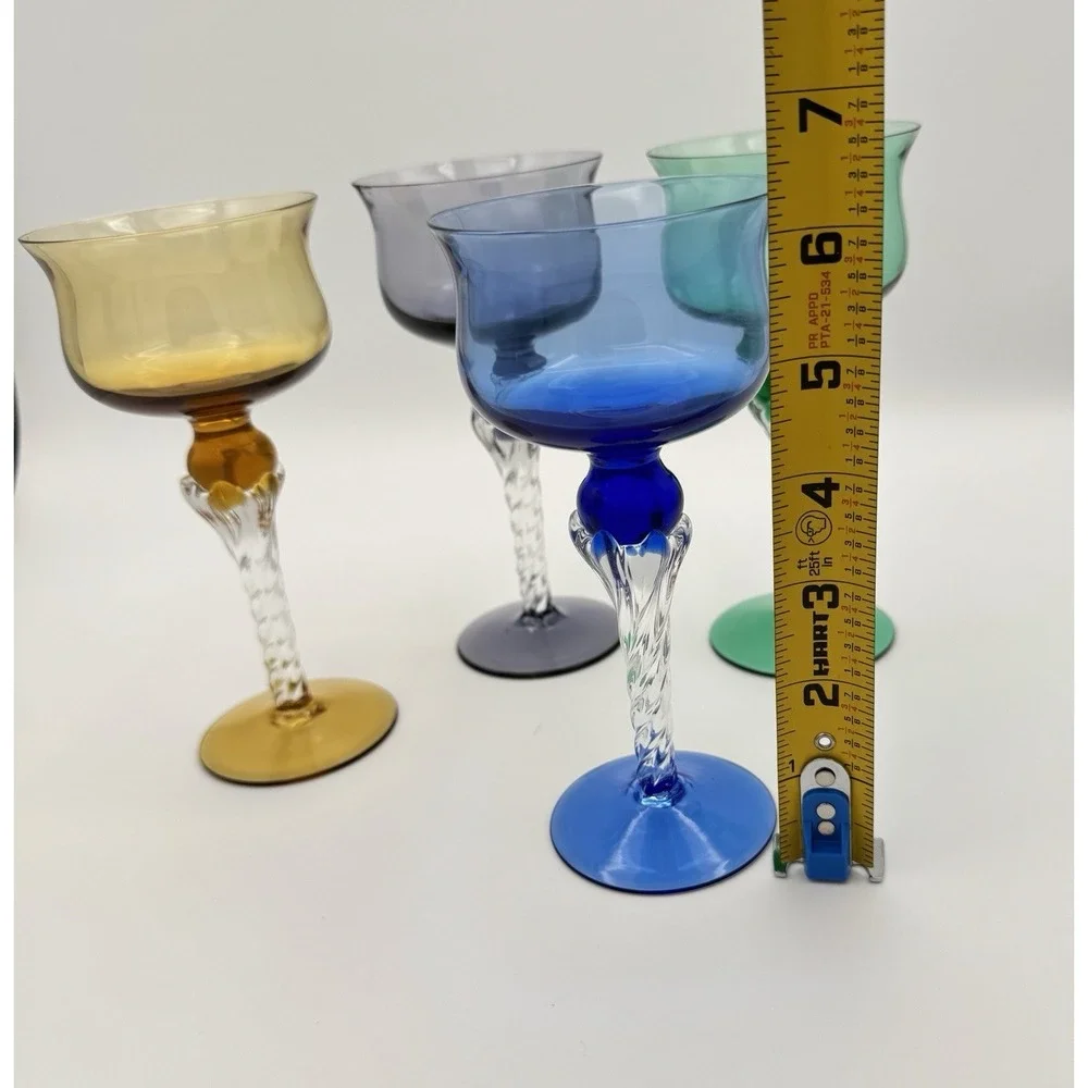 Vintage Hand Blown Colored Wine Goblets Set of 4 Twisted Clear Stem Art Glass
